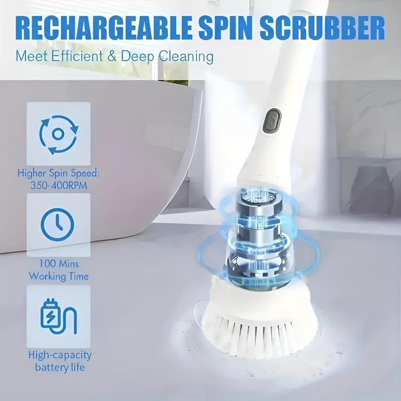 Multifunctional Electric Spin Scrubber with 6 Replaceable Brush Heads, Summer Rechargeable Cordless Scrubbing Spin Brush, Power Scrubber with Adjustable Handle, Cleaning Brush for Bathtub Tile Floor