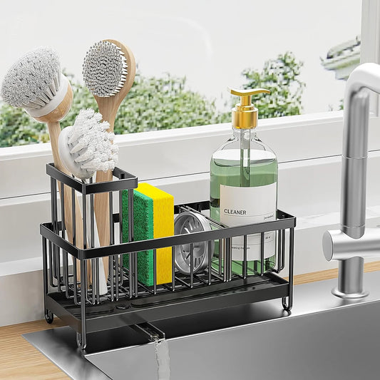 Sink Caddy Kitchen Organizer, Sponge Holder for Kitchen Sink, Black Kitchen Sink Organizer,Rust-Resistant Sink with Brush Holder,Kitchen Accessories