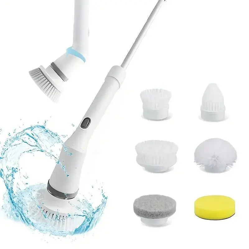 Multifunctional Electric Spin Scrubber with 6 Replaceable Brush Heads, Summer Rechargeable Cordless Scrubbing Spin Brush, Power Scrubber with Adjustable Handle, Cleaning Brush for Bathtub Tile Floor